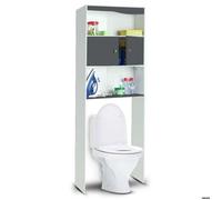 Meuble étagère WC 2 portes effet bois blanc et gris mélaminé gain de place L58 x H178 x P19 5 cm