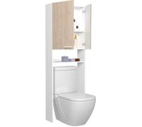 Meuble étagères WC - Décor Chêne et Blanc - 2 portes - Salle de bain / buanderie - L64,2 x P21,8 x H184 cm - MADE IN FRANCE