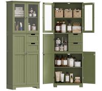 HOMCOM Meuble de Salle de Bain Haut Meuble de Rangement 60x30x170cm Vert | Colonne Salle de Bain, 4 Portes dont 2 Vitrées, 2 Tiroirs, Étagères Réglables, Style Moderne, pour Salon, Chambre