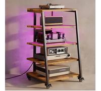 Meuble HIFI à 5 Etagères avec LED et Roulettes en Bois Meuble Audio/Vidéo Étagère Multimédia Rack Avec 3 prise et USB Max. 140KG