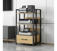Meuble HiFi avec Tiroir, Support Audio a Roulettes AV Media Stand Rack | Meuble Audio Tour HiFi Rack a Roulettes avec Tiroir pour Cinema Maison Salon(B-wood,3-Tier Tall)