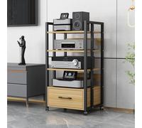 Meuble HiFi avec Tiroir, Support Audio a Roulettes AV Media Stand Rack | Meuble Audio Tour HiFi Rack a Roulettes avec Tiroir pour Cinema Maison Salon(B-wood,4-Tier)