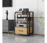 Meuble HiFi avec Tiroir, Support Audio a Roulettes AV Media Stand Rack | Meuble Audio Tour HiFi Rack a Roulettes avec Tiroir pour Cinema Maison Salon(A-wood,3-Tier)