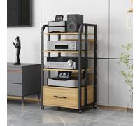 Meuble HiFi avec Tiroir, Support Audio a Roulettes AV Media Stand Rack | Meuble Audio Tour HiFi Rack a Roulettes avec Tiroir pour Cinema Maison Salon(A-wood,4-Tier)