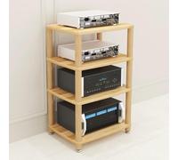 Meuble HiFi en Bois Stand, Support Equipement Audio Stereo Component Rack | Console Média Ouverte Multi-Niveaux avec Colonnes en Bois & Pieds Anti-Vibrations(Wood,4-Tier)