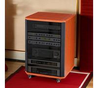 Meuble HiFi Porte en Verre, Support Audio a Roulettes AV Media Stand Rack | Meuble Audio Tour HiFi Ferme avec Etageres Reglables, Roulettes & Ventilateur Salon Studio(Teak,120cm/47.2in)