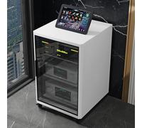 Meuble HiFi Porte en Verre, Support Audio a Roulettes AV Media Stand Rack | Meuble Audio Tour HiFi Ferme avec Etageres Reglables, Roulettes & Ventilateur Salon Studio(White,120cm/47.2in)