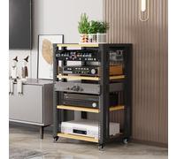 Meuble HiFi Reglable, Support Audio a Roulettes AV Media Stand Rack | Meuble Audio Tour HiFi Rack Reglable en Hauteur a Roulettes pour Cinema Maison Salon Studio(Wood,4-Tier)