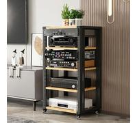 Meuble HiFi Reglable, Support Audio a Roulettes AV Media Stand Rack | Meuble Audio Tour HiFi Rack Reglable en Hauteur a Roulettes pour Cinema Maison Salon Studio(Wood,5-Tier)