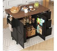 Meuble Îlot Cuisine 140 cm Noir - Chariot Buffet avec Table Rabattable, 3 Tiroirs + 2 Portes, Porte-serviettes, Roulettes Freinées