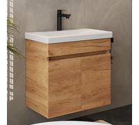Meuble-lavabo avec meuble bas, comprenant un lavabo en céramique, ensemble de meubles de salle de bain moderne, dimensions : 63 x 60 x 36,5 cm, finition chêne doré