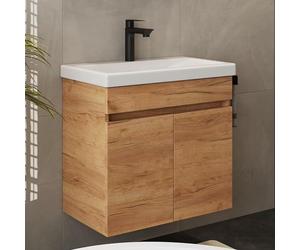 Meuble-lavabo avec meuble bas, comprenant un lavabo en céramique, ensemble de meubles de salle de bain moderne, dimensions : 63 x 60 x 36,5 cm, finition chêne doré