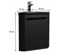Meuble lavabo d'angle suspendu - 35 x 53 x 35 cm - Blanc - Lavabo en résine synthétique - Porte réversible