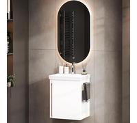 Meuble-lavabo de 50 cm avec meuble de rangement intégré, comprenant un miroir de salle de bain ovale avec éclairage, ensemble de meubles de salle de bain avec vasque, suspendu, de couleur blanche