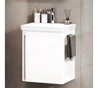 Meuble-lavabo de 50 cm de large avec meuble de rangement en dessous, de couleur blanche, comprenant une robinetterie chromée. Ensemble de meubles de salle de bain pour toilettes invités, à suspendre