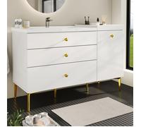 Meuble-Lavabo de avec Vasque -Meuble Salle de Bain Rangement Moderne sur Pieds avec 3 Tiroirs-PoignéEs DoréEs-Rétro-120x47.5x80cm