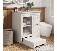 Meuble-lavabo moderne pour salle de bains avec repose-pieds dissimulé, éclairage LED, vasque en céramique élégante, poignées dorées et verre gaufré, blanc