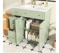 Meuble lavabo mural ou au sol 81,7 cm - Armoire de salle de bain verte design luxe, rangement intelligent et pieds en bois massif