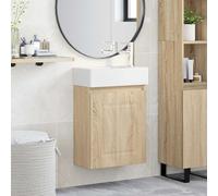 Meuble lavabo salle de bain chêne sonoma avec robinet mélangeur, vasque céramique blanche 45,5 x 22,5 x 84 cm, armoire rangement mural avec porte réversible, évier et drain poussoir pratique