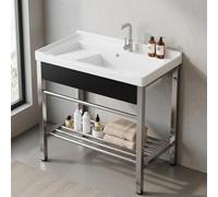 Meuble lave-main avec vasque en céramique et support acier inox | Vasque céramique, support acier inoxydable, gain de place, salle de bain(No faucet,24.0in(61cm))