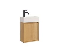 Meuble lave main suspendu avec vasque en résine blanc mat et robinet - Naturel clair - 40 x 25.5 x 57 cm - SOREL
