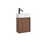 Meuble lave main suspendu avec vasque en résine blanc mat et robinet - Naturel foncé - 40 x 25.5 x 57 cm - SOREL