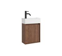 Meuble lave main suspendu avec vasque en résine blanc mat et robinet - Naturel foncé - 40 x 25.5 x 57 cm - SOREL