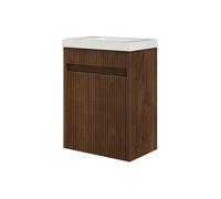 Meuble lave main suspendu strié en bois de frêne avec vasque en résine blanc mat - Naturel foncé - 40 x 25.5 x 54 cm - DROVI