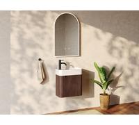 Meuble lave main suspendu strié en bois de frêne avec vasque en résine blanc mat - Naturel foncé - 45 x 25 x 48 cm - JONSA
