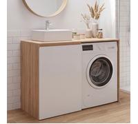 Meuble machine à laver ou sèche-linge avec placard TOMI, meuble vasque bois façon hêtre et blanc