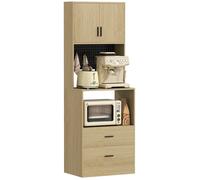 HOMCOM Meuble Micro-Ondes 2 Tiroirs 2 Portes Plan de Travail Bois Naturel | Buffet, Armoire de Cuisine, Étagère Réglable, Panneau Perforé, 4 Crochets, Meuble de Rangement Salle à Manger, Salon