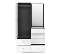 Meuble multifonctionnel combinant un dressing et une table de maquillage, avec un tabouret escamotable, un miroir pleine longueur et des tiroirs compartimentés pour le maquillage