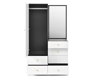 Meuble multifonctionnel combinant un dressing et une table de maquillage, avec un tabouret escamotable, un miroir pleine longueur et des tiroirs compartimentés pour le maquillage