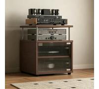 Meuble multimédia AVen bois avec porte verre cannelé pour Rack audio stéréo | Rangement multi-niveaux, porte verre cannelé, structure bois massif, style rétro(Walnut,3-Tier H 24.1in)