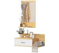 Meuble mural pour l'entrée - Meuble d'entrée - Miroir - Tiroir - 2 étagères ouvertes - Bois - 80 x 39,5 x 33,5 cm - Bois naturel