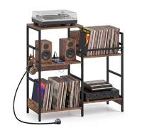 Meuble Platine Vinyles 3 Niveaux COSTWAY avec Multiprise Intégrée, Compartiments Crochets, Support Tourne-Disque pour Salon Chambre