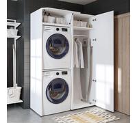 Meuble pour lave-linge Roomart DUO : sèche-linge au-dessus du lave-linge • 127 cm de large • Blanc, chêne