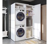 Meuble pour lave-linge Roomart DUO : sèche-linge au-dessus du lave-linge • 127 cm de large • Blanc, chêne