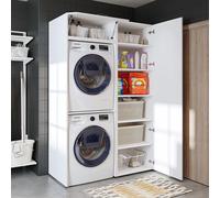 Meuble pour lave-linge Roomart DUO : sèche-linge au-dessus du lave-linge • 127 cm de large • Blanc, chêne