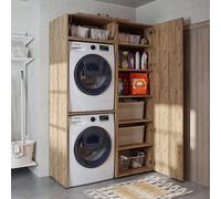 Meuble pour lave-linge Roomart DUO : sèche-linge au-dessus du lave-linge • 127 cm de large • Blanc, chêne