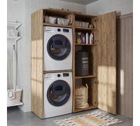 Meuble pour lave-linge Roomart DUO : sèche-linge au-dessus du lave-linge • 127 cm de large • Blanc, chêne