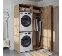 Meuble pour lave-linge Roomart DUO : sèche-linge au-dessus du lave-linge • 127 cm de large • Blanc, chêne