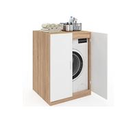 IDMarket - Meuble pour Machine à Laver avec Portes Wallis Blanc et Bois façon hêtre