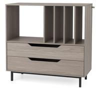 Meuble pour platine vinyle avec 4 emplacements pour vinyles et 2 tiroirs, gris