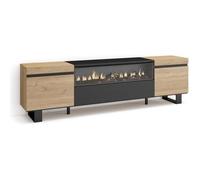 Meuble pour Télévision, 200x35x57cm, Pour TV jusqu'à 80"", avec Feu électrique, Design industriel, Chêne et noir, RF2260