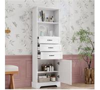 Meuble rangement salle de bain colonne 56x25,6x167 cm avec 3 tiroirs 1 porte étagères ouvertes MDF blanc Grjofek