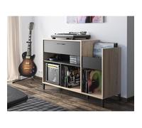 Meuble rangement vinyle - GAMI - Platine - Style urbain - Décor chêne - Noir - L 115 x P 40 x H 81 cm