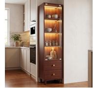 meuble rangement vitrine haute LED intégrée 1 porte en verre 2 tiroirs marron aspect bois 40x35x165 cm ORVRYN