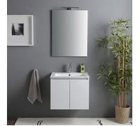 Meuble salle de bain 60 cm portes blanc brillant avec lavabo et miroir avec lampe | Benaco