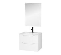 Meuble salle de bain 60 cm suspendu 2 tiroirs Blanc laqué poignées intégrées vasque et miroir - MILA